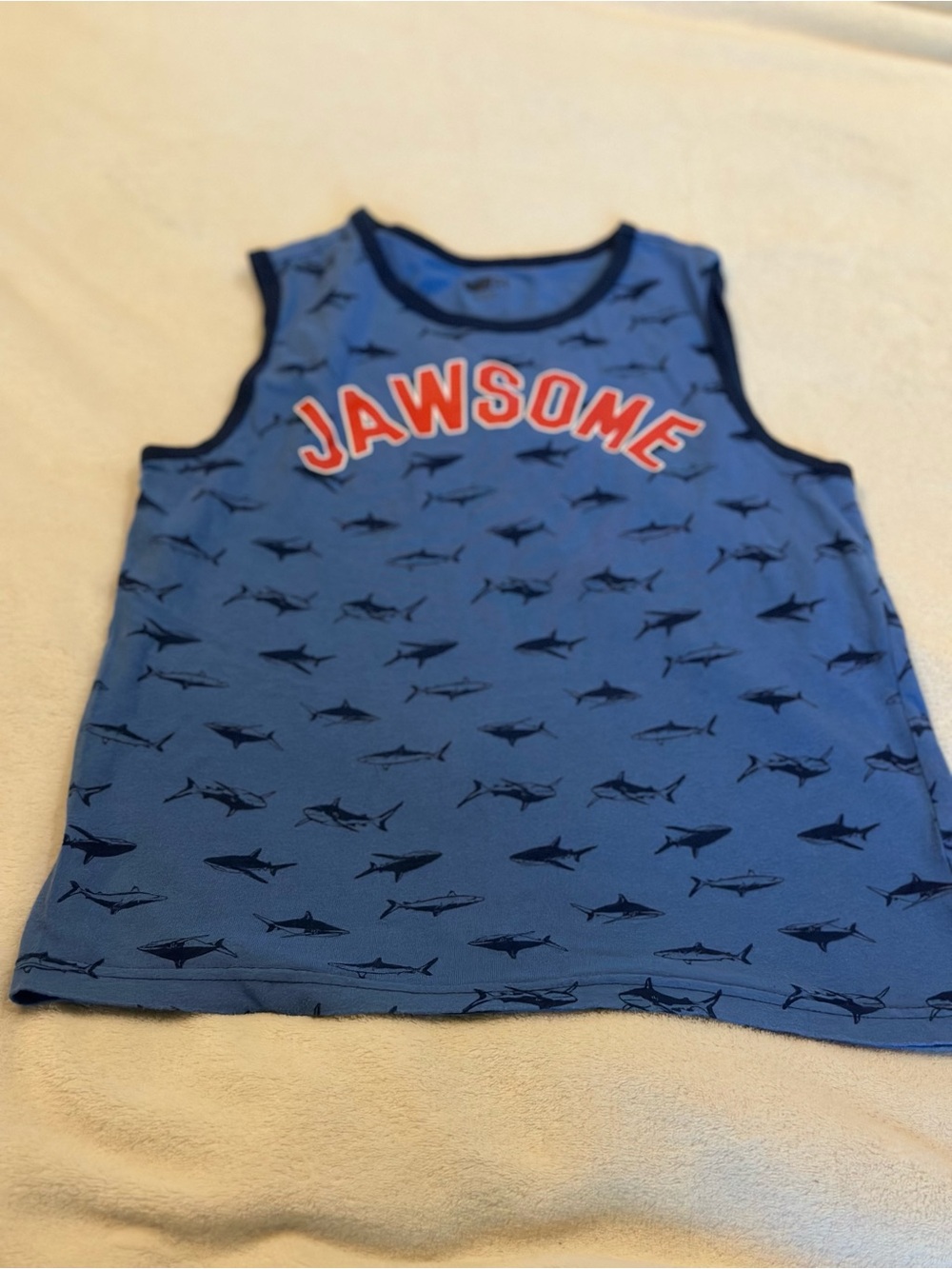 Crazy 8 Blue Tank Top with Navy Shark Print and Orange 'JAWSOME' Graphic